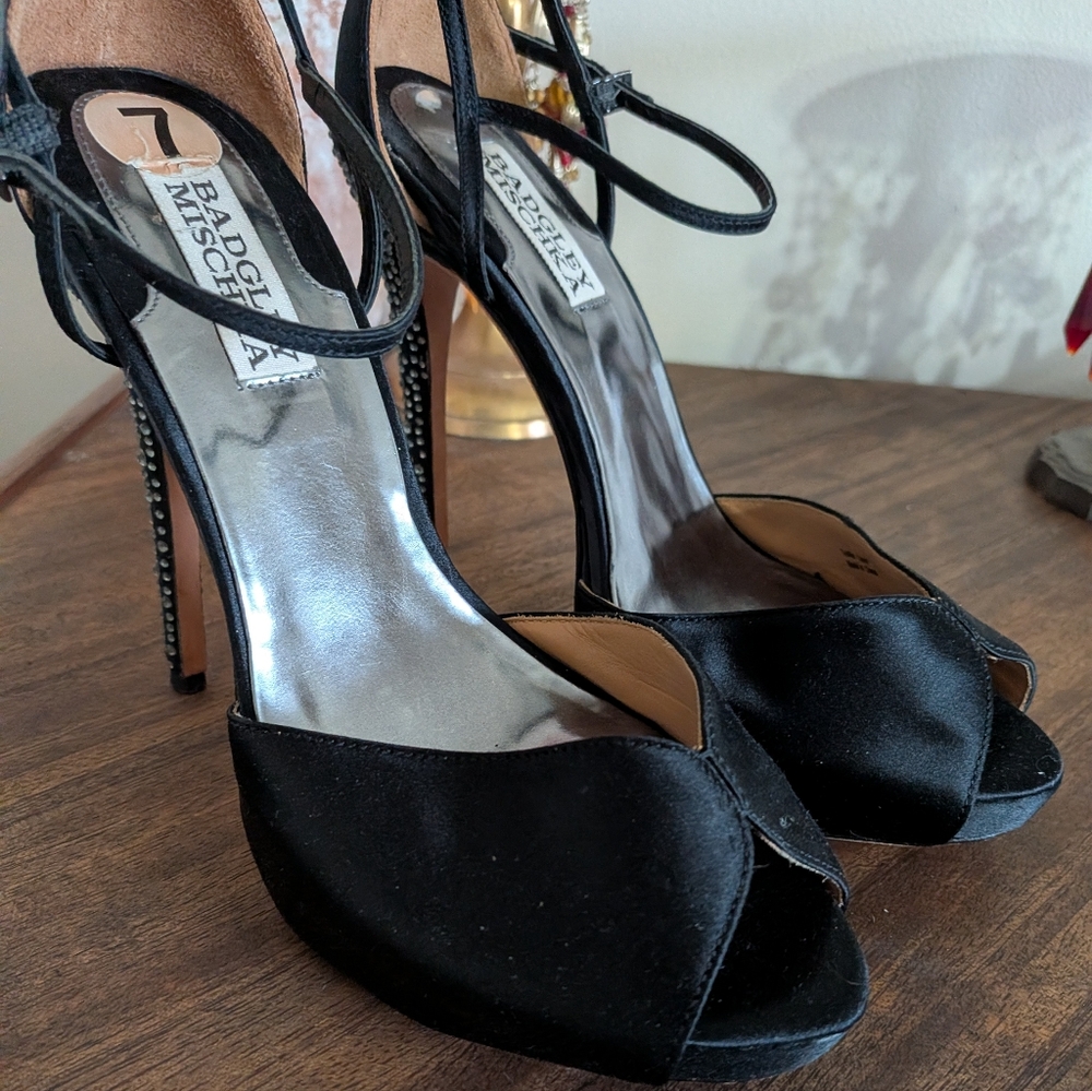Badgley Mishka Black Satin Peep Toe Rhinestone Stiletto Heels - Picture 3 of 11